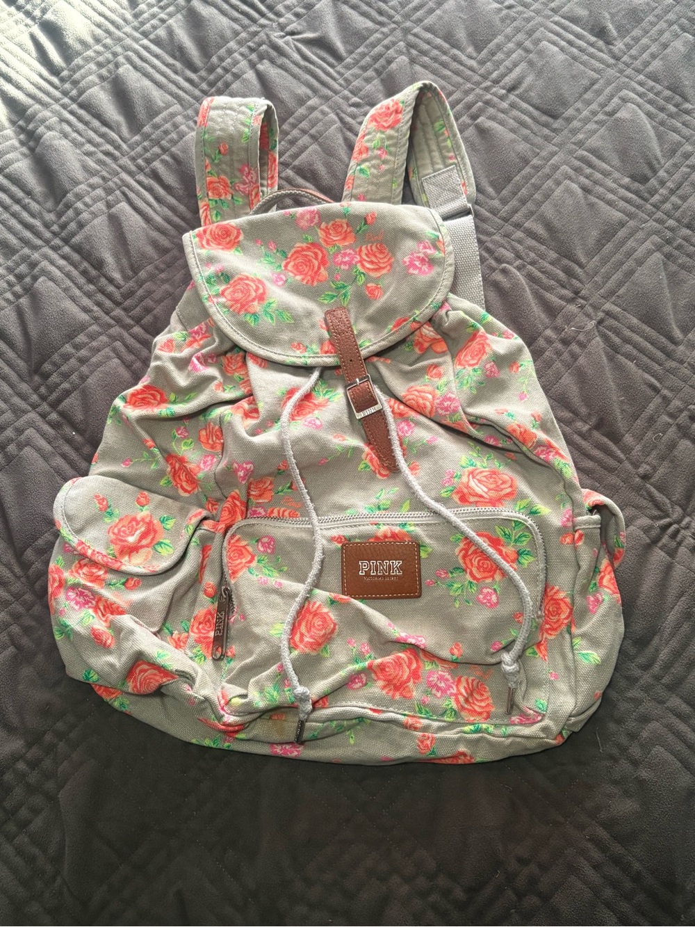 PINK Victoria's Secret Gray Backpack with Coral Pink Rose Print
